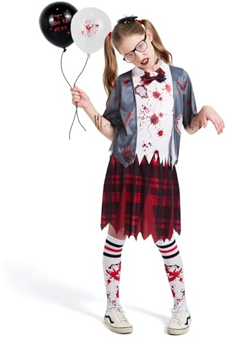 HERMORRYSS Costume Écolière Zombie, Déguisement Zombie Enfant, Costume D'horreur Fête D'Écolière avec Jupe à Carreaux, Barrette, Ballons, Chaussettes, Déguisement D'halloween pour Fille 8-14 (M)