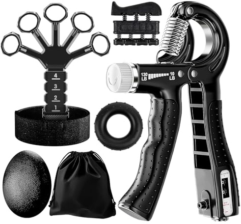AURIVEE Hand Grip Set, Gripper Mani, Allenatore Mani e Dita - Kit 6 Pezzi con Gripper Regolabile, Allenatore Dita, Allenatore Cinque Dita, Anello & Palla Anti-Stress con Borsa per Fitness