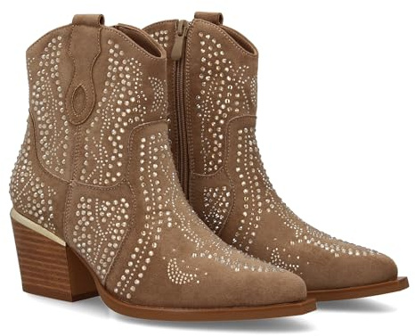 94648 Botin de Mujer con Estilo Vaquero, Detalles Brillantes y Cierre Comodo. Diseno de Tachuelas Brillantes, Tacon Cubano. Kaki Talla 38