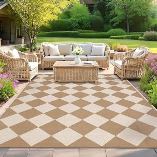 SHACOS Tapis d'extérieur Imperméable 270x360cm Beige-Brun Tapis de Terrasse en Plastique Réversible Double Face Pliable pour Cour, Camping, Jardin