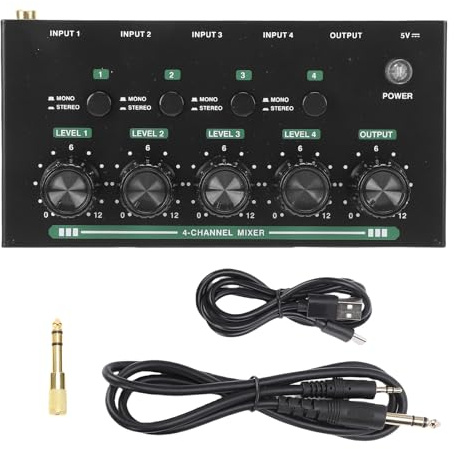 Jiawu Mixer a 4 Canali, Mini Mixer Audio, 4 Console di Missaggio Audio Stereo, Strumento di Mixaggio Stereo USB a Basso Rumore per Piccoli Club, Registrazione, Streaming Live