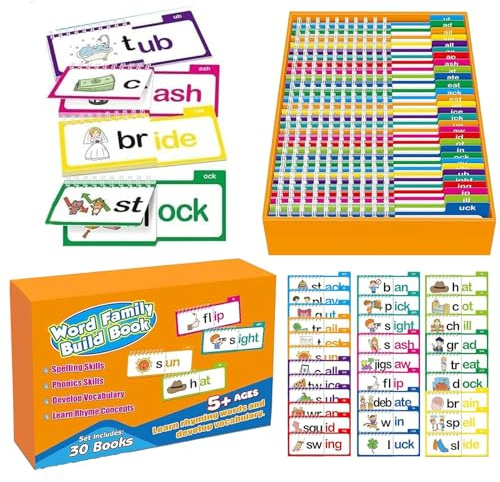 Rhyme Böcker – Papper 24,8 x 16,8 x 5 cm | Byggbok för ordfamiljer - Flash-kort | Läsa och rima ord ordförråd Flash-kort Lär dig ord för förskolebarn 4 till 8 år