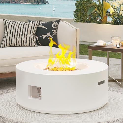 HongTaok Table de foyer au propane de 82,6 cm, 50 000 BTU, ronde, pour patio extérieur, certifiée CSA, brûleur en acier inoxydable avec couvercle en acier, housse imperméable et roches de lave, pour