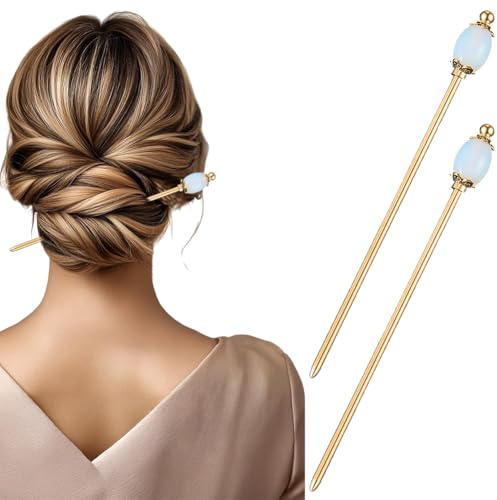 WADORN 2pcs Metal Gemstone Hair Stick Golden Hairpins Brass Natural White Gemstone Chinese Vintage Hairs Chopstick 5.9 inch for Women Hair Accessories Long Hairs Buns Gifts