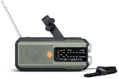 Bosiyrggrl Radio d'urgence Solaire de Haute Qualité 5000mAh, Portable, à Manivelle, Lampe de Poche LED, Récepteur FM Mondial, Annonceur SOS, Vert.
