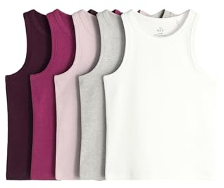 THE SET Mädchen gerippte Jersey-Trägertops, 5er-Pack Pink/Purple/White 140
