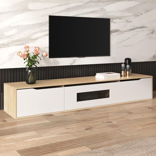 okwish TV-Schrank Hochglanz Weiß und Holzoptik, TV-Lowboard, 180 x 35 x 30 cm, wandhängend, mit LED-Beleuchtung, Fernsehschrank für Wohnzimmer und Entertainment-Bereich