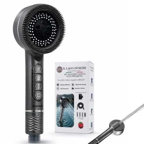 Soffione Doccia Anticalcare con Filtro, Doccino per Doccia e Lavandino Getto Potente, 4 Modalità Massaggiante, Telefono Doccia con Tubo 1,5 m, 5 Filtri, Supporto Universale G1/2 e Pulsante Stop Acqua