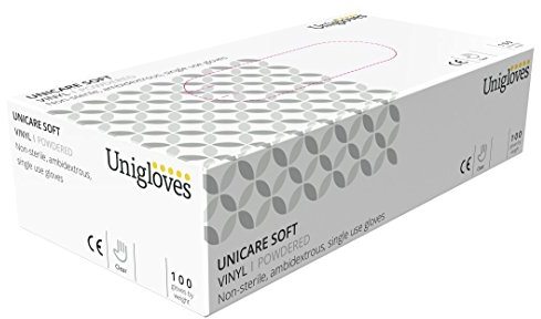 Unigloves Unicare Clear Vinyl GS0073 Examination - Multipurpose, Lightly Powdered, Latex Free Disposable Gloves, Box of 100 Gloves, Clear, Medium