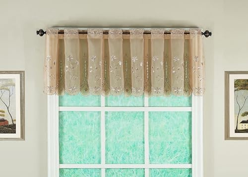 Today's Curtain, Samantha Embroidered Sheer Valance 13, Taupe, 59 W x 13 L