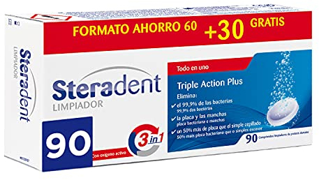 Steradent - Comprimidos limpiadores de prótesis dentales Triple Action Plus - 60 + 30