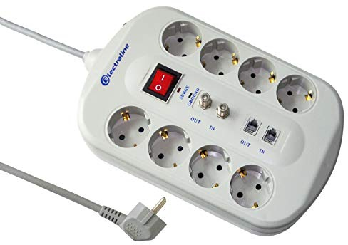 Electraline 62113 – TV Steckdosenleiste 8 Schuko + 2 Fax/Modem + 2 Steckdosen mit Schalter Displayschutzfolie, Überlastung Filter EMI/RFI Kabel 3 G1 1,5 m, grau