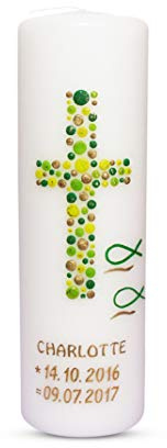 WikaKerzen Taufkerze Kommunionkerze Mädchen Junge mit Name und Datum 25x8cm mm Taufe Kerze Kreuz-Kreise-13 Grün Gelb