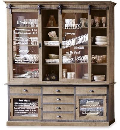 Loberon Schrank Peter's, handgefertigt, 6 Schubladen mit Muschelgriffen, 2 verglaste Schiebetüren, beschriftete Türen im Vintage-Design, Mangoholz, Glas, Eisen, antikbraun
