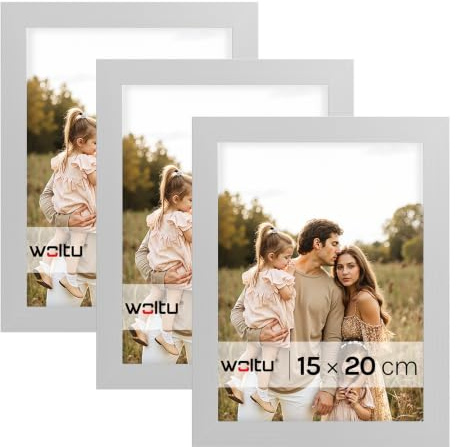 WOLTU Bilderrahmen 15x20, 3er set, MDF-Holz Fotorahmen mit Passepartout | Silber, Posterrahmen für Poster, Fotos, Puzzle, aufhängbar & aufstellbar, Collage-Wanddeko mit bruchsicherer PS-Platte