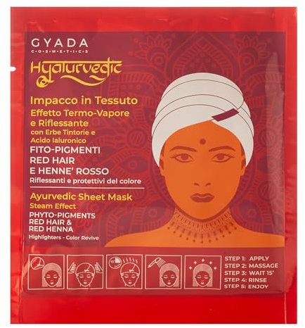 GYADA COSMETICS, Hyalurvedic Impacco Ayurvedico In Tessuto Riflessante Red Hair, Trattamento Protettivo e Illuminante su Nuances Calde e Rosse, con Cuffia a Effetto Termico, 60 ml