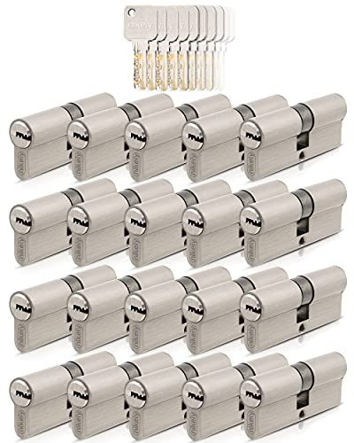 GERCAR Pro 20x Schließzylinder 45/45 gleichschließend Set 20 Profilzylinder inkl. 100 Schlüssel - 90 mm Türschloss Zylinderschloss 20er Zylinder - Länge: 90mm, A:45 B:45 - Messing matt massiv