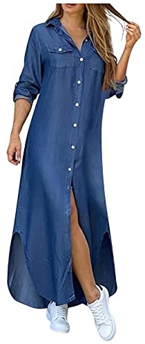 Vestido Largos de Manga Larga con Botones Mujer Bohemio Verano Nacional Fiesta Casual Cuello en V Costura Wrap Maxi Vestidos Chic de Noche Playa Vacaciones Cóctel Falda Larga Talla Grande(E Azul,5XL)