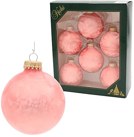 Dekohelden24 Lauschaer Weihnachtsbaumschmuck - 6er Set Kugeln Rosa Geeist, 7 cm, mit goldenem Krönchen