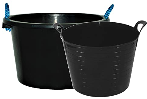 45L Rope Bucket (Black) + 42 Large Flexi Tubs | Heavy Duty Plaster Mixing Cement Water Storage | Flexi Tubs Garden Debris Rubbish Collection (Black, 45 Litre Rope Bucket)