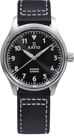 RATIO Pilot Style Watch Leather Strap Analog Display Sapphire Crystal Japanese Automatic 200M Water Resistant Casual Formal Wear Watch for Men (Black Sunray)