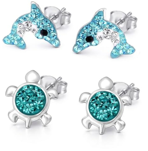 FIVE-D Boucles d'oreilles pour enfants - Tortue de dauphin en argent 925 - Boucles d'oreilles de qualité supérieure pour fille - Coffret cadeau bijoux pour enfants, Onesize, Argent sterling, Pas de