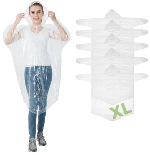 Igoera Regenponcho XL transparent, 5er-Pack Regencape mit Kapuze für Festival, Konzert, Wandern, Radfahren, Camping, Outdoor, Einweg Poncho gegen Regen