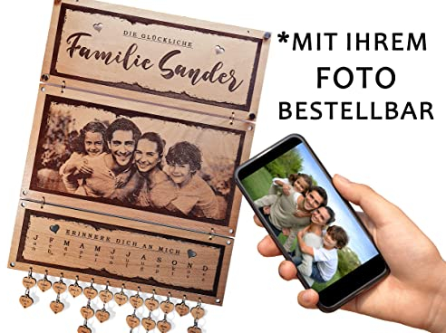 BIBERART Holz-Wandkalender - Geburtstagskalender mit Foto Gravur - jahresunabhängig immerwährend ohne Wochentage – Ewiger Kalender zum Eintragen von Geburtstagen und Jahrestagen