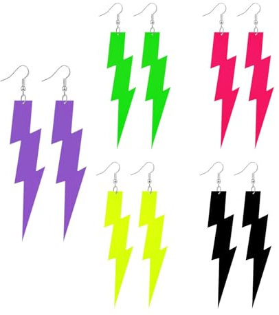 5 Paar bunte Neon-Blitz-Ohrringe, Mode personalisierte Schmuck, 80er Jahre Retro-Ohrringe, geeignet für Mottopartys, Kostümpartys, Halloween, Fasching