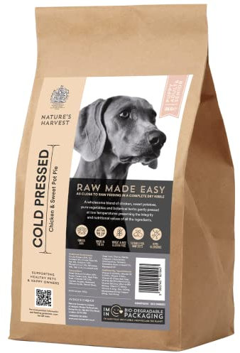 Natures Harvest Premium Cold Pressed Dry Dog Food. Superfood. Complete. 100% Natural. Adults, Puppies, Senior. Raw Made Easy. Hypoallergenic. Grain Free. Serve wet or dry. Use as treats. Chicken