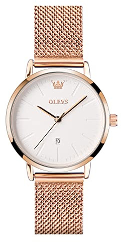 OLEVS Watches for Women Big Face Ultra Thin Rose Gold Mesh Belt Ladies Watches White Dial Stainless Steel Analog Quartz Women's Watch Minimalist Elegant Waterproof with Date Women Watch