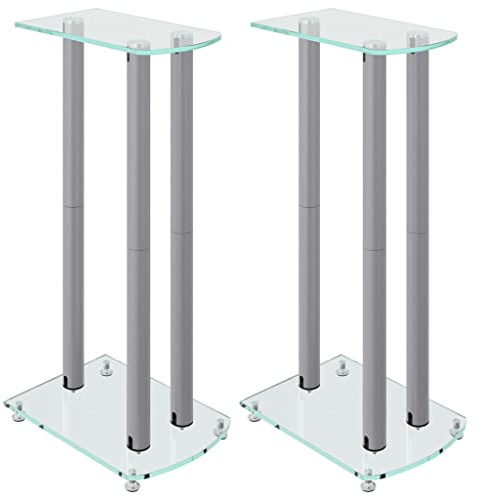 Tidyard Supports de Haut-parleurs Support d'enceinte Salon Antidérapant 2 pcs argenté Verre trempé 3 piliers