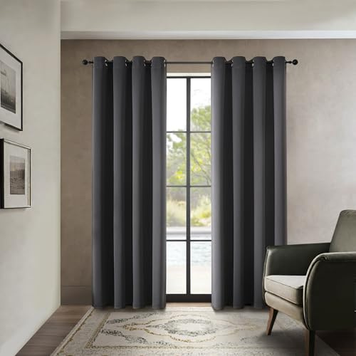 Joydeco Ogenomskinliga gardiner med öljetter i set om 2, 220 x 140 cm (H x B), mörkläggningsgardin, grå termisk gardin, värmeskydd, öljettgardin för sovrum och vardagsrum