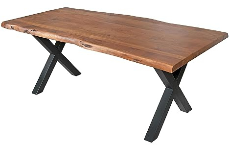 SAM Esstisch 220 x 100 cm Cali, Baumkantentisch nussbaumfarben, Akazienholz massiv, X-Gestell aus Metall Schwarz, aufgedoppelte Kanten 25+25 mm