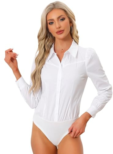 Allegra K Chemisier Body Femme Boutonné Justaucorps Col Rebattu pour Business Style Décontracté à Manches Longues Blanc L