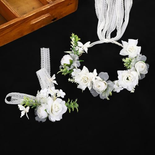 IYOU Blumenmädchen Stirnband Satz Weiß Rose Blumen Heilige Kommunion Haarkranz Handgelenk Band Hochzeit Krone Kopfschmuck für Mädchen