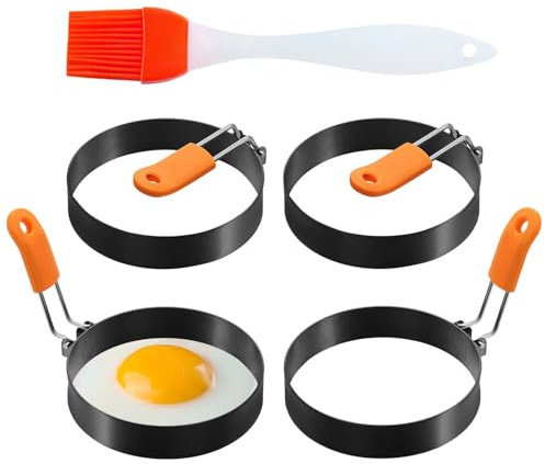 Egg Rings for Frying - 4Pack Non Stick Fried Egg Ring Stainless Steel Poached Egg Rings with Anti-Scald Folding Handle and Oil Brush for Household Kitchen Cooking Egg Frying Rings Mini Burger