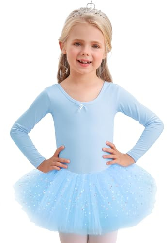 Aiseyi Abito da danza classica a maniche lunghe, abito da balletto con paillettes, vestito da balletto con gonna a tutù, 2-9 anni, Blu, 110