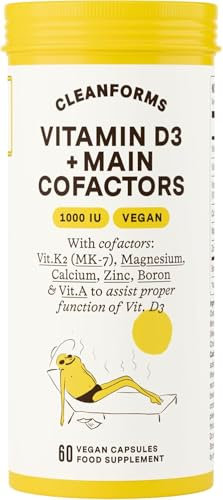 Cleanforms Vegan Vitamin D3 1000iu with Vit-K2, Magnesium, Calcium, Zinc, Boron & Vit-A | 60 Capsules for Immune, Bone, and Heart Support | Promotes Vitamin D3 Effectiveness
