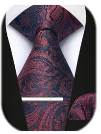 Enlision Cravatta Paisley per Uomo con Fazzoletto da Taschino e Fermacravatta Matrimonio Feste Formale Bordeaux