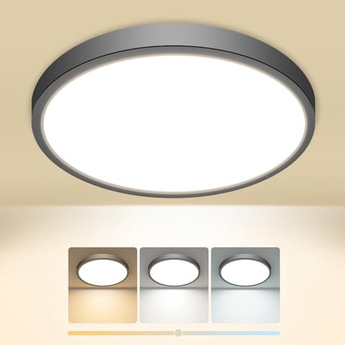 slochi Deckenlampe LED Deckenleuchte Flach, 3Farben - 3000K/4000K/6500K, IP44 Wasserfest Rund Badlampe, 12W 1600LM Modern LED Lampen für küche Badezimmer Schlafzimmer Flur Wohnzimmer, Ø16CM Schwarz