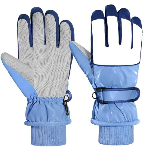 MoKo Handschuhe Kinder, Winterhandschuhe Kinder Wasserdicht, Skihandschuhe Kinder mit Elastisch Bündchen für 6-15 Jahre, Warme Winddicht Schneehandschuhe Kinder für Snowboard Laufen Radfahren, Blau M
