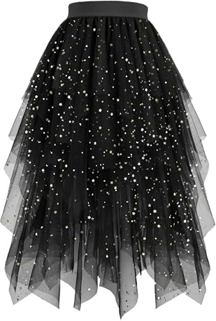Hanpceirs Damen Tüll Röcke A-Linie Midi Tutu Rock Schwarz Pailletten M