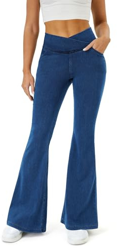 COPYLEAF Bell Bottom Jeans for Women Trendy Crossover Stretchy Jeans Flare Leggings with Pockets Y2k Butt Lifting Jeggings Medium Wash
