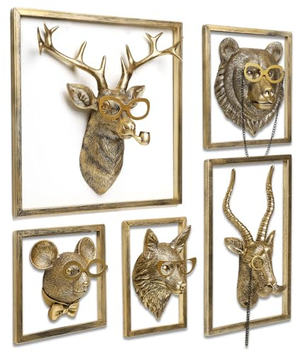 Newinhome Animal Heads Wall Decor (5pcs, Includes Metal Frame) Resin Animals Sculptures Head Wall Hanging Decoration Gold vintage Wall Sculpture for Living Room Bedroom Office