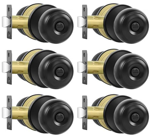 RAZCC Privacy Door Knobs, 6 Pack Matte Black Door Knobs with Lock, Bed and Bath Door Knob Interior Keyless Locksets, Round Door Handles Reversible for Left Right Handed Doors
