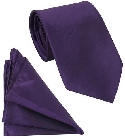 Men's Tie and Pocket Square Set, Classic Satin Premium Solid Colour Necktie Handkerchief Set for Men, Wedding Party Formal Business Work Classic Men's Tie Sets Gifts, 8cm - Dark Purple
