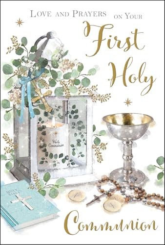 Jonny Javelin First Holy Communion Congratulations Card for Boys - Communion Congratulations Card with Artistic Chalice and Candle Design and Embossed Foil Details