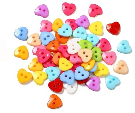 50 hochwertige Kunststoffknöpfe 12x12mm (1,2x1,2cm) bunt herzförmig im zufälligen farblichen Mix Zweilochknöpfe a 1mm je Loch - 2-Loch-Knöpfe Herz zum basteln nähen annähen Bastelknöpfe