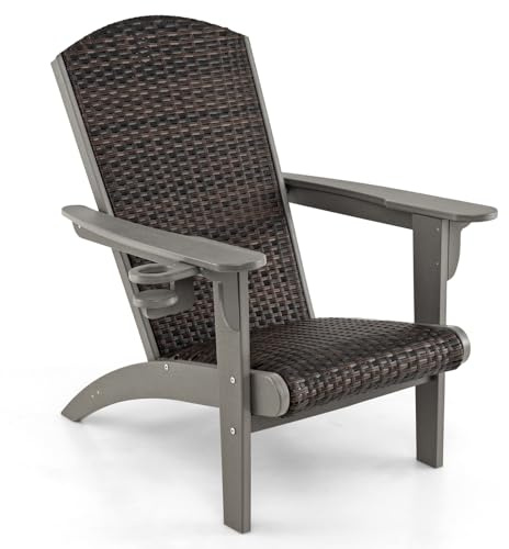 GYMAX Silla Adirondack, Silla de Jardín de HDPE con Asiento de Espuma de Secado Rápido y Respaldo Inclinado, Sillón de Relajación para Exteriores de Ratán PE con Portavasos (Gris)